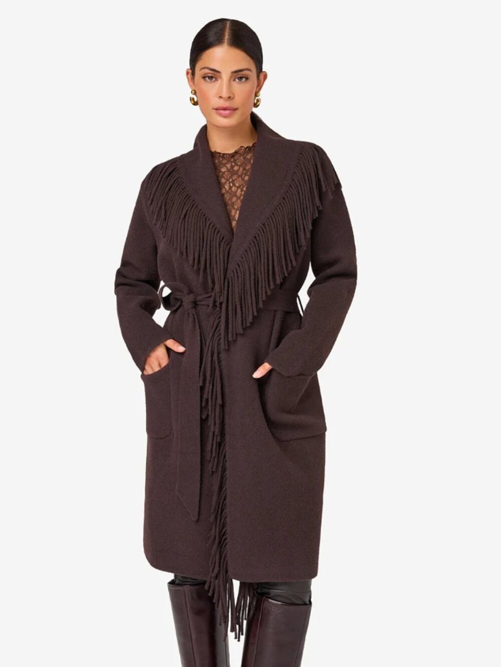 NVLT Mink Eyelash Fringe Coatigan Espresso Shawl Collar Belted Duster Cardigan